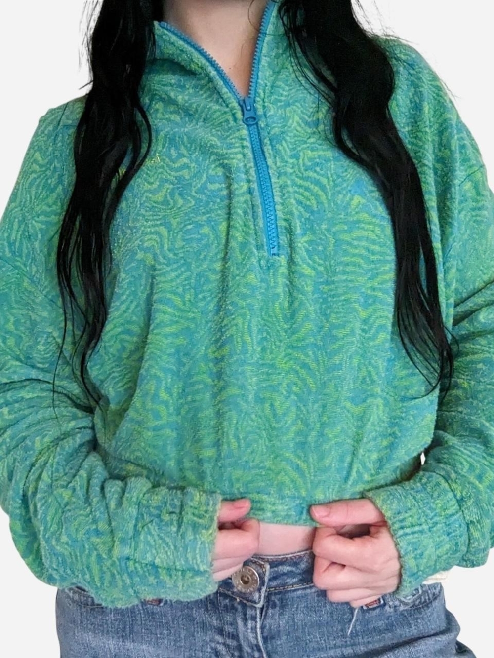 cropped quarter zip sweatshirt with blue & green abstract swirl pattern 💚